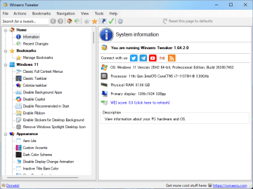 システムカスタマイズツール「Winaero Tweaker」v1.64、スタート画面からおすすめを削除／［Ask Copilot］メニューの削除、ドライブアイコンのカスタマイズにも対応