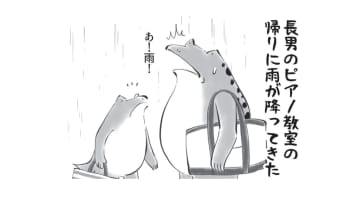 ピアノ教室の後に突然の雨！ レッスンバッグを傘替わりにしようとしたら… 【カエル母さん #５】