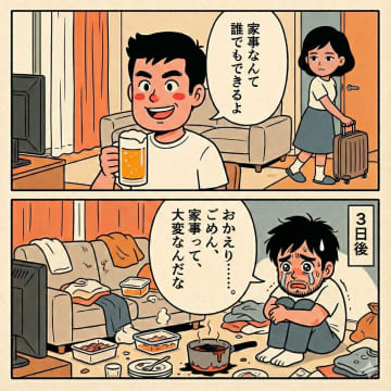 「家事なんて誰でもできる」と主婦を見下す夫。だが、私が旅行から帰宅すると、悲惨な結果に…【短編小説】