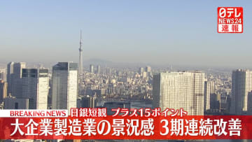 日銀短観　大企業製造業3期連続で改善　プラス15ポイント