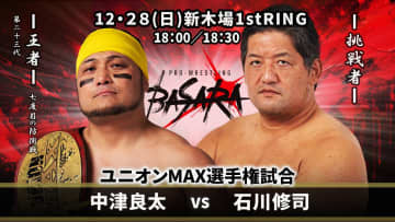 【BASARA】年末2連戦の全カード決定！ 28日・ユニオンMAX戦「中津vs石川修司」、27日は真霜＆本田のタッグ防衛戦＆「焼肉お食事券」争奪の東西対抗戦
