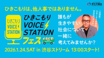 ～ひきこもり経験者の声にふれ、誰もが生きやすい社会について考える～　◆「ひきこもりVOICE STATION フェス」開催◆ひきこもりVOICE STATIONクリエイティブプロデューサー　演出家　宮本亞門らが出演　2026年1月24日(土) 13:00～17:00＠渋谷ストリーム ホール／オンライン　■ひきこもり経験者の実話をもとにしたショートドラマ「こもリアル」出演者登壇■不登校経験のある声優 佐倉綾音が朗読する俳句作品「ひきこもごも俳句」一部公開