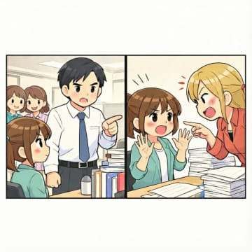 「はあ？ じゃあこれ、誰がやるのよ！」と仕事を押し付ける先輩。だが、上司の正論をうけ顔色が真っ赤に