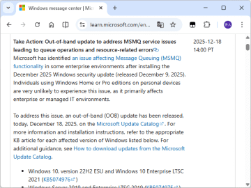 Microsoft、Windowsパッチを定例外でリリース ～「MSMQ」の問題に対処／「Microsoft Update カタログ」からダウンロード可能