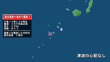 鹿児島県で最大震度3の地震　鹿児島県・十島村