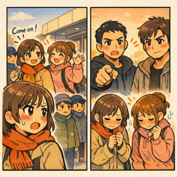 「結構並んでるわね！」と言いながら、子供のお遊戯会を待つ列で横入りするママ達。だが、パパさんの正論で最後尾に並び直す結果に