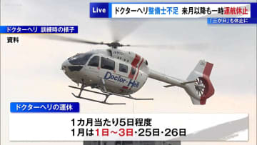 東京都のドクターヘリ整備士不足　1月以降も一時運航休止・「三が日」も休止に