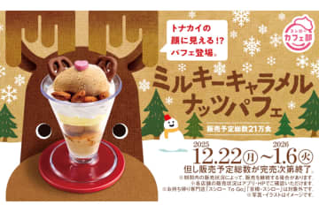 スシロー「ミルキーキャラメルナッツパフェ」発売。まるでトナカイの顔に見える!?