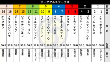 【ホープフルS枠順】京都2歳Sを制したジャスティンビスタは2枠3番　札幌2歳Sの勝ち馬ショウナンガルフは7枠13番