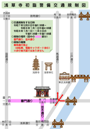 浅草寺初詣、雷門周辺は三が日まで交通規制。雷門通り・並木通り上のバス停は臨時移転