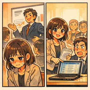 「実は私が前から提案していたんですよ」と仕事の手柄を盗む先輩。だが、私のプレゼン内容を見てから態度が一変