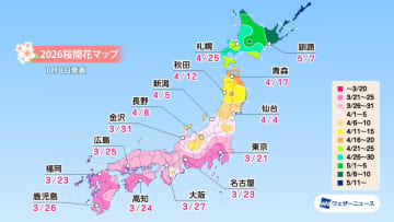 ウェザーニュース、2026年桜開花予想。最速は東京で3月21日、前年に続き気温高く東・北日本では早い開花か
