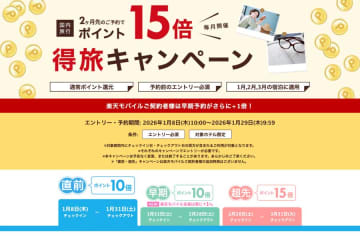 楽天トラベル、国内宿泊でポイント最大15倍　「得旅キャンペーン」開催