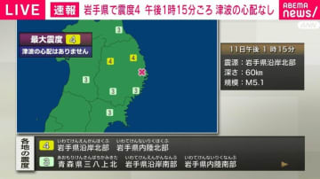 岩手県で震度4 午後1時15分ごろ 津波の心配なし