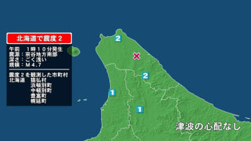 北海道で最大震度2の地震　北海道・猿払村、豊富町、幌延町、浜頓別町、中頓別町
