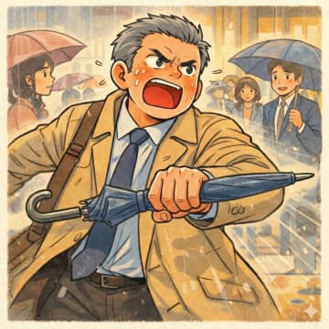 「他人がうるせぇよ！」傘を横持ちするおじさんが逆ギレ。だが、ビルの入り口で痛い目に…【短編小説】