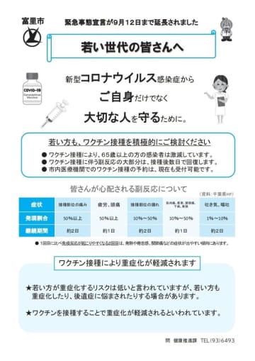 若年層の予約率低く　ワクチン接種促進へチラシを配布　富里市