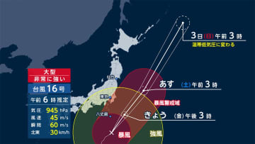 台風16号 暴風・大雨に警戒　関東は午後に最接近