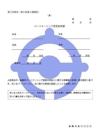 船橋市もパートナー証明　12月から　同性同士ら宣誓で書面発行