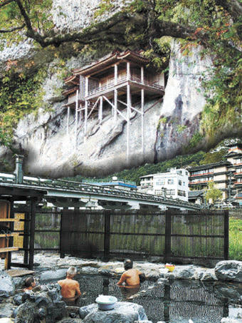 日本遺産の認定継続が決まり、今後計画に基づいた取り組みが求められる（上から三徳山三仏寺の国宝「投入堂」と三朝温泉の名物・河原風呂）＝コラージュ