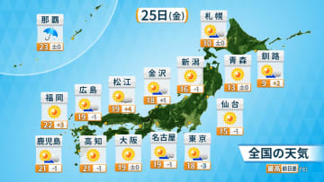 25日（金）の全国天気と予想最高気温（ウェザーマップ）
