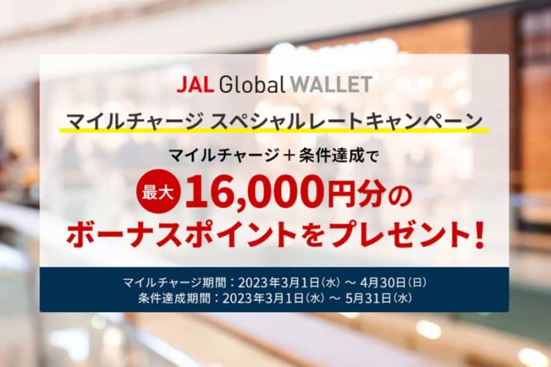 「JAL Global WALLET」、マイルチャージと利用で最大16,000円分のポイント付与