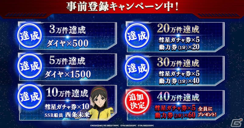「宇宙戦艦ヤマト 未来への航路」の事前登録件数が30万件を突破！ガチャアイテムなど40万件達成…