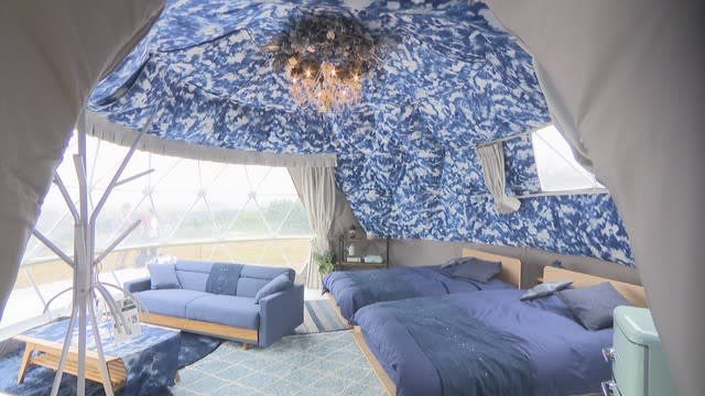 A luxury space dyed in indigo A special denim tent is born at a glamping facility Kurashiki City, Okayama