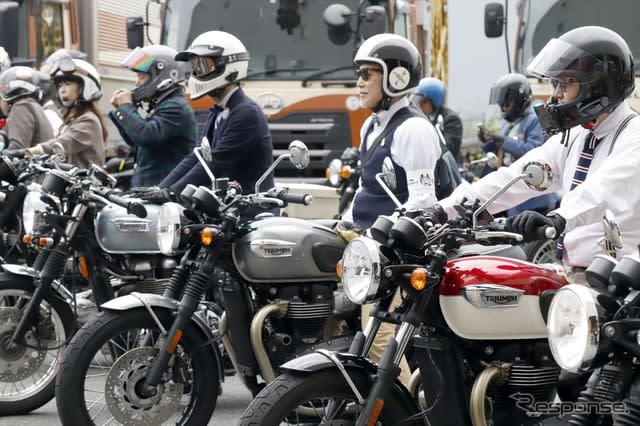 200 riders touring Tokyo in British gentleman style... Triumph's charity ride...