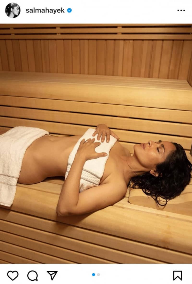 Salma Hayek "Release stress" Sexy sauna shot with body covered with a towel!