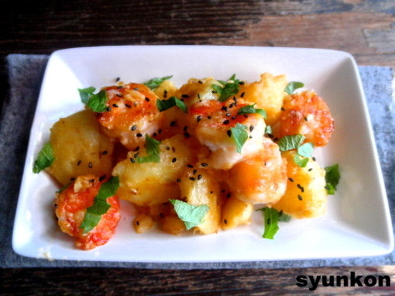 Full-bodied with mayonnaise! Plump and steamy side dish of "shrimp x potato"