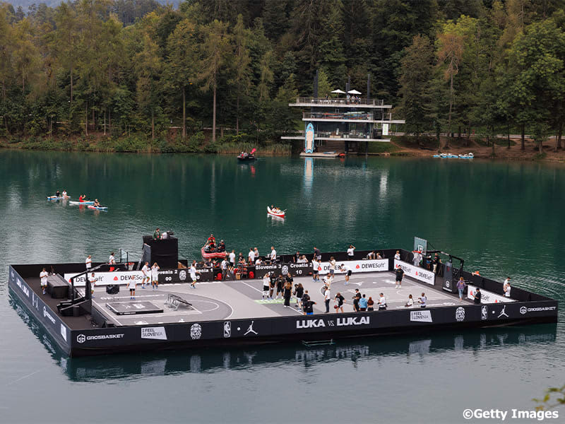 A basketball court appears on the lake... Doncic holds a 3x3 tournament in his home country of Slovenia