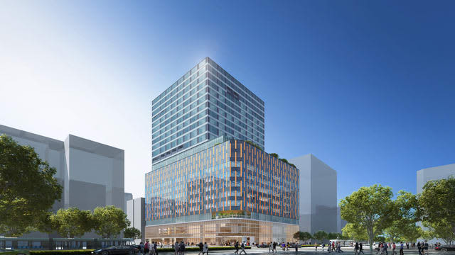 A 19-story mixed-use building on the site of Pivo, including high-end brand shops and offices, a hotel on the upper floors, and a spa on the top floor.