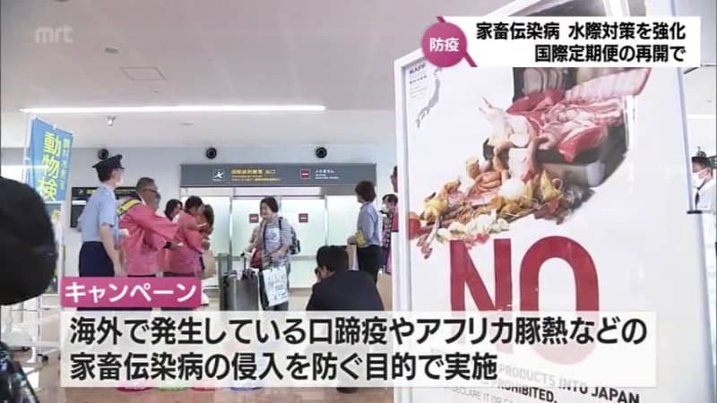 Campaign for border control measures against livestock infectious diseases at Miyazaki Airport, where regular international flights have resumed
