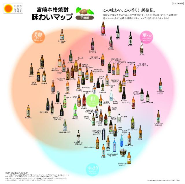 The prefecture took 74 years to create a map that visualizes the characteristics of 8 potato shochu produced in the prefecture.