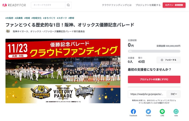 11月23日に阪神・オリックスの優勝パレード開催　大阪府・兵庫県などがクラウドファンディングで…