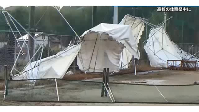 One parent attending the sports festival is injured when a tent is blown away in the schoolyard by a gust of wind in Fukuyama City, Hiroshima Prefecture