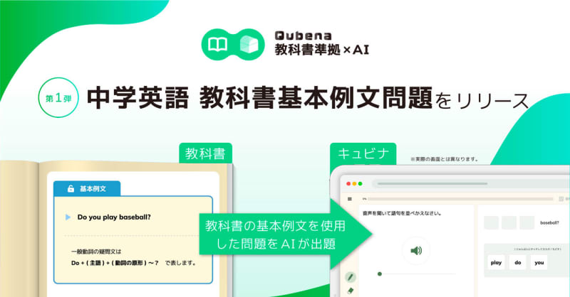 AI型教材「Qubena」、中学校英語の教科書に準拠した問題を個別最適に学べるコンテンツをリリース