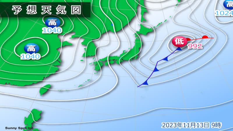 Tomorrow, the pressure distribution will be strong with high in the west and low in the east. Be careful of lightning and gusty winds on the Sea of ​​Japan side of western Japan.