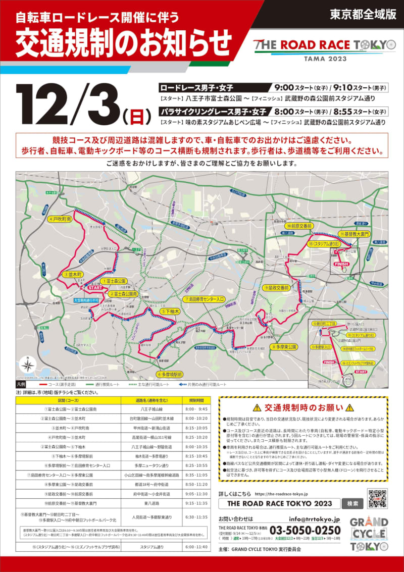 Due to the bicycle road race, traffic restrictions will be in place for a long time in the Tama area on December 12rd.