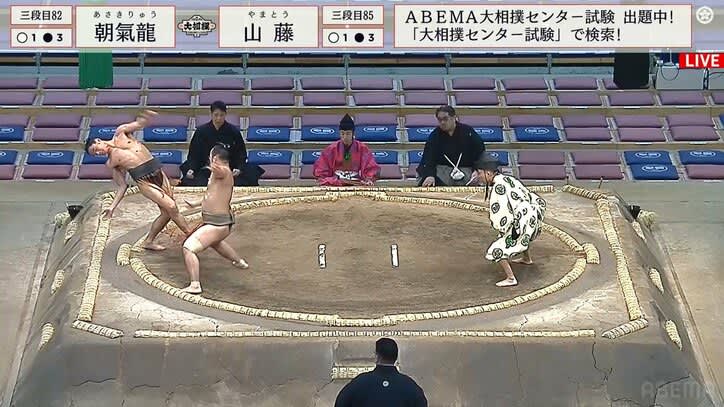 A slender sumo wrestler, with all his might, dives to the bottom of the ring. He does not get injured even in the exciting "frog jump" that makes the hall noisy.