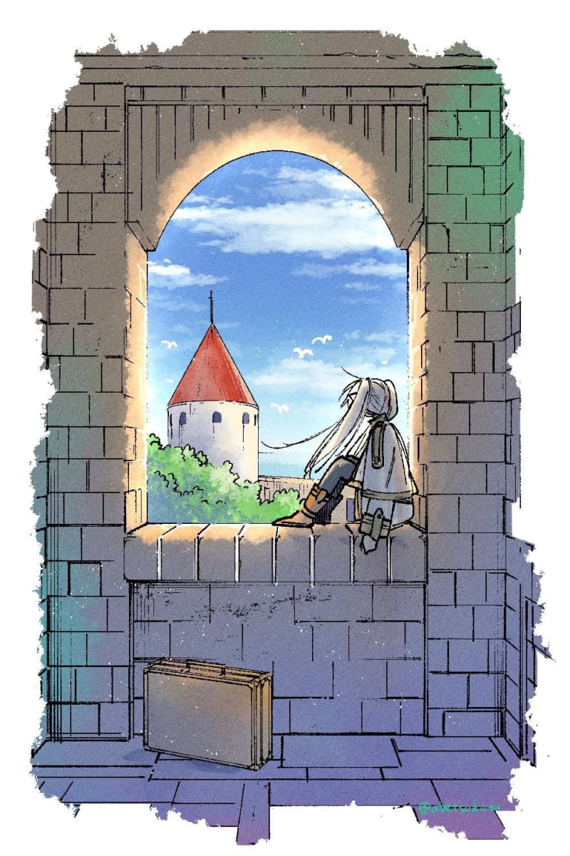 街を眺めるフリーレンの後ろ姿。「葬送のフリーレン 画集Vol.1」のイラストが公開