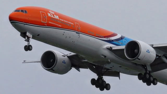 KLM Royal Dutch Airlines' specially painted aircraft ``Orange Pride'' has a new design in the national flag color