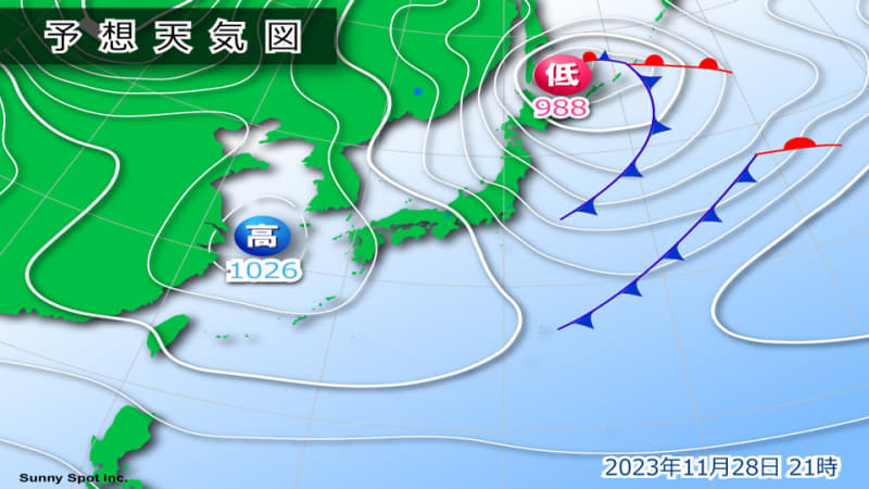 28日　日本海側は荒天で雷を伴う所も　関東は季節外れの陽気