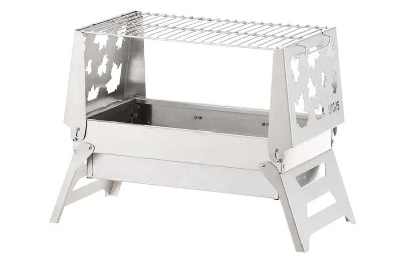 Logos, ``Bonfire BBQ Base,'' a bonfire stand that can also be used for charcoal and wood-fired cooking.