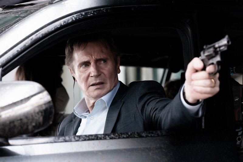 Liam Neeson points a gun at Matthew Modine in 'Bad Day Drive' footage