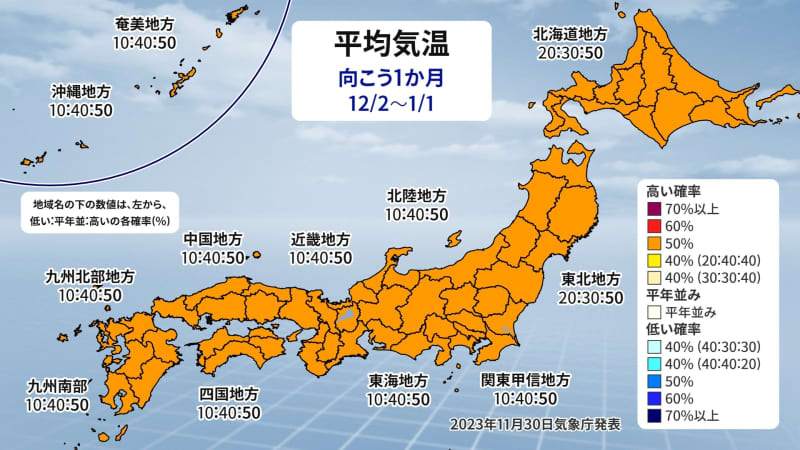 12月は寒気の影響弱い　日本海側は降雪量少なく　気象庁1か月予報