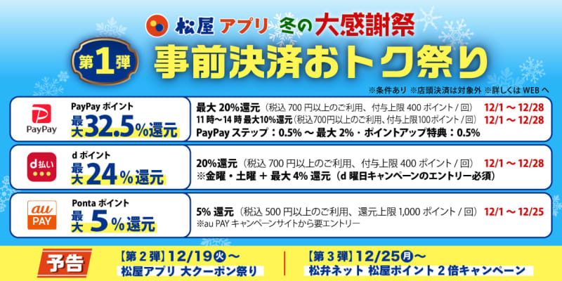 Matsuya Foods will hold a “Advance Payment Advantage Festival” on December 20nd with up to 12% return on PayPay/d Payment/au PAY…