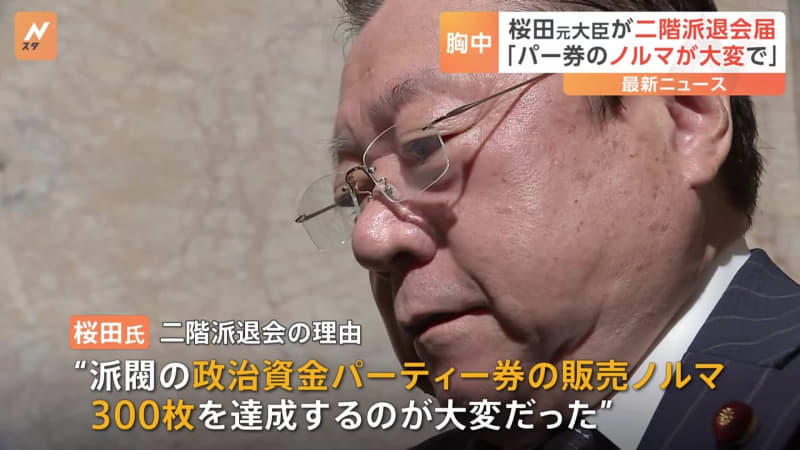 Former Olympic minister Sakurada submits notice of resignation to Nikai faction; faction party ticket sales quota ``difficult to judge''