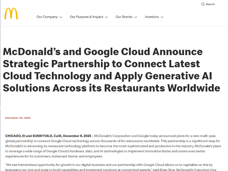 マクドナルドがGoogleの生成AIを導入へ